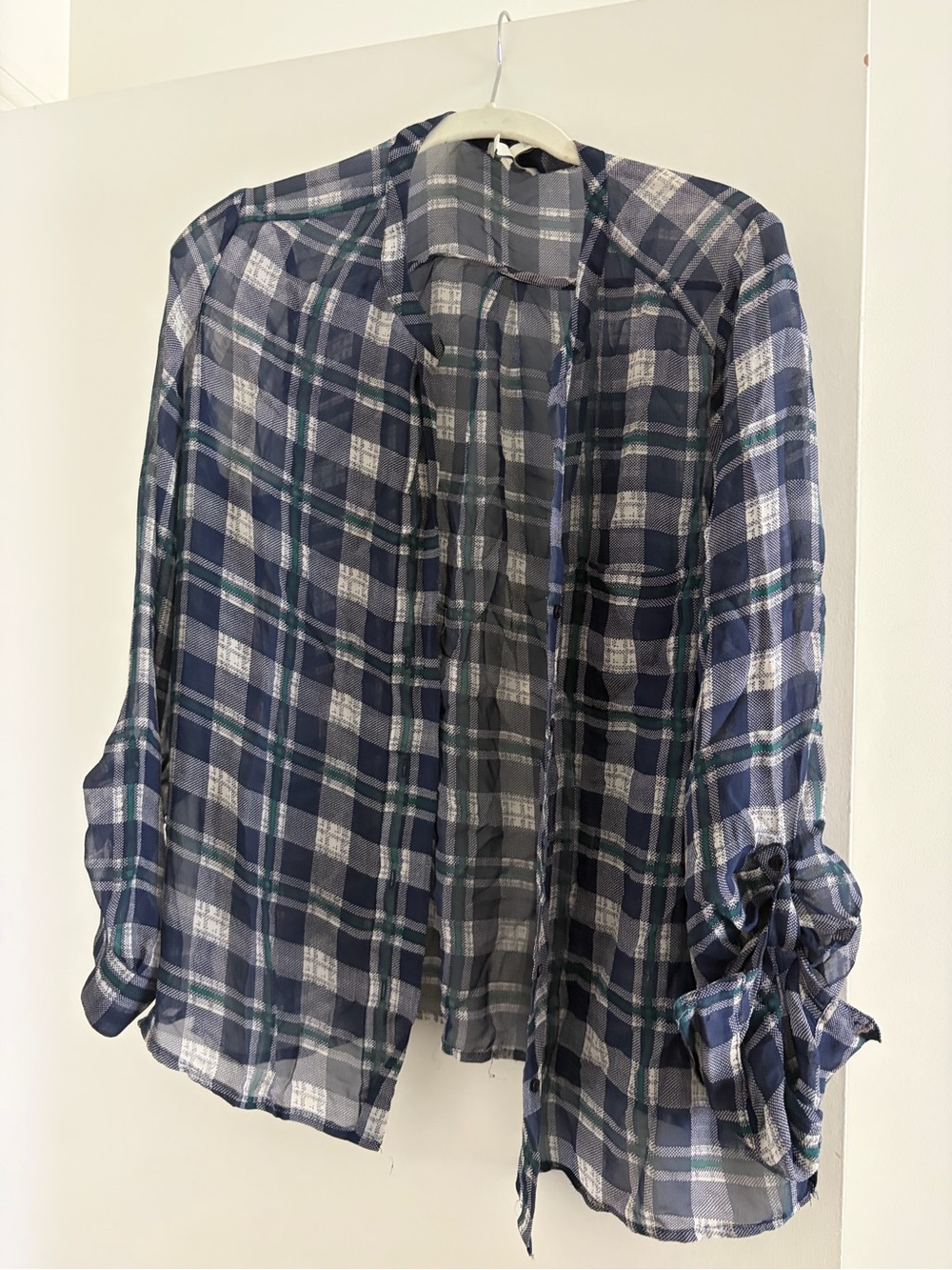 Joie Navy and Green Plaid Lightweight Open Shirt